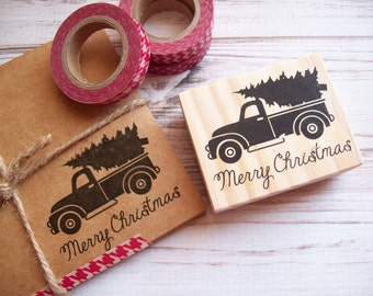 Vintage Truck Merry Christmas Stamp - Hauling Christmas Tree - Happy Holidays Greeting Card Rubber Stamp