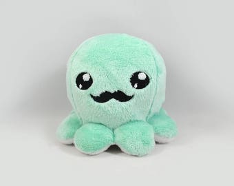 Mint Gentleman Octopus Plush, Octopus Toy, Embroidered Mustache Octopus, Stuffed Animal,  Minky Fabric