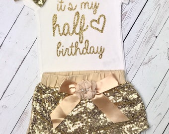 Half Birthday Outfit Girl, Birthday Girl Outfit, Sequin Shorts, Gold Birthday outfit, Half Birthday Girl, Sequin Headband, cake smash outfit