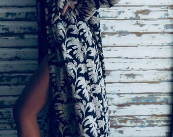 Kiyomi Black Bagru Print Maxi Kimono Robe Dressing Gown, 100% Indian Cotton, Byron Bay