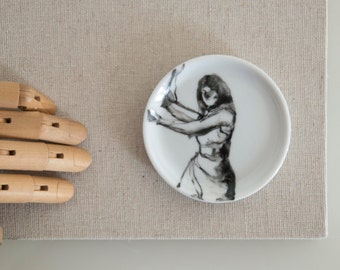 Black and white small round porcelain plate. Modern coaster art painting, gift for her, coaster gift.