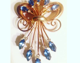 Sterling marked Blue and Clear Rhinestone Brooch