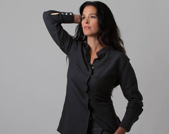 Black hemp, silk and organic cotton button down shirt