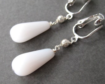 White Teardrop Clip-on Earrings, Opaque White Glass Drop Dangle Clipons, Silver Ear Clips, Snow White Silver Clip Earrings, Handmade, Leda