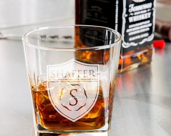 Monogram Badge Whiskey Glass/Engraved Rocks Glass 9.25 oz. custom whiskey glass, engraved whiskey glass, personalized whiskey glass