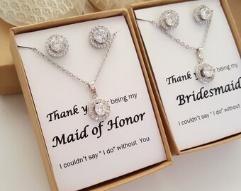 Bridesmaid CZ Jewelry Set ,Bridesmaid Gift, Maid of Honor Jewelry, Gift Box, Flat Halo Set