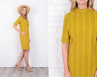 Vintage 60s 70s Green + Yellow Shift Dress Mod Geometric Small S 11523