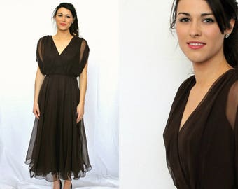Brown Chiffon Ballerina Dress - Miss Elliette 1970s Vintage - Espresso Cinnamon - Small