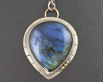 Labradorite Necklace, blue silver gold, blue flash, sterling silver, gold, labradorite, mixed metal, blue stone necklace, blue labradorite