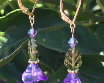 VIOLET PURPLE Flower EARRINGS Gold Filled Leverbacks Drop Dangle Earrings Czech Glass Flower Leaf Earrings Swarovski Crystal Spring Jewelry