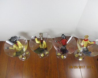 Hand Painted Martini Glasses ~ Set of 4 ~ Animals