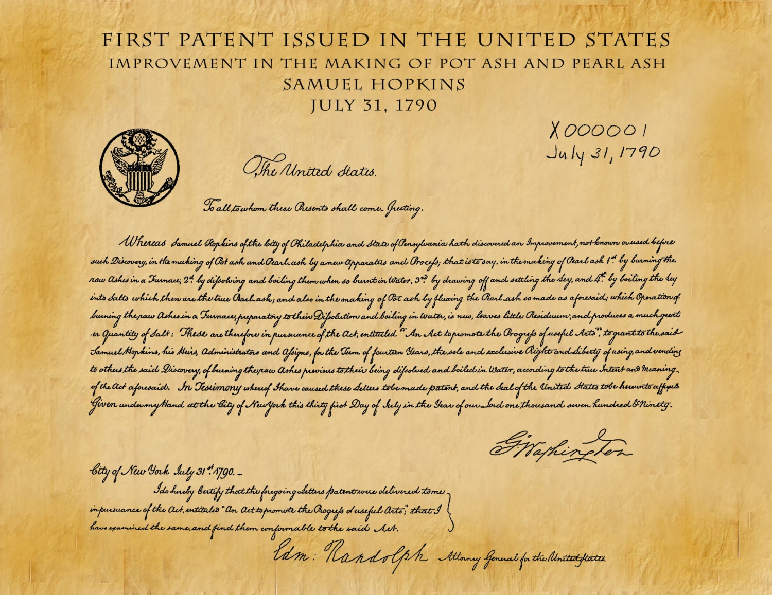 Patent 1790 First US Patent Issued by the United States Signed by