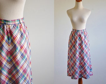Vintage Madras Plaid Skirt, 70s Skirt, 80s Skirt, Preppy Skirt, Summer Skirt, Flared Skirt, A Line Skirt, Plaid Skirt, Waist 27 Medium