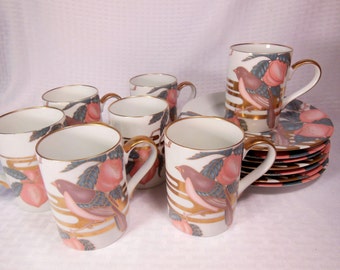 Very Pretty Dessert Set Vintage FITZ and FLOYD NIGHTINGALE 7 Cups / Mugs and 7 Dessert Plates. The Set was made in 1982.