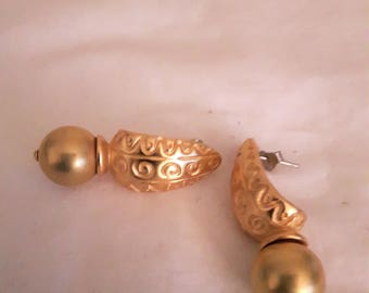 VINTAGE AK EARRINGS - Matte Gold Tone - Spiral/Dangle - Abstract Shape - Pierced Ears - 1980s - Wedding/Bridal/Anniversary