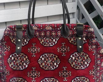 Handmade Weekend/Overnight Red Plush Bokhara style Carpet Bag/Mary Poppins/Doctor Bag