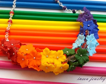 Rainbow Jewelry, Rainbow Necklace, Flower Necklace, Ombre Necklace, Gift For Her, Statement Necklace, Floral Jewelry, Handmade Necklace