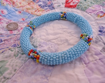 Vintage Robins Egg Blue Beaded Bangle Bracelet with Colorful accents