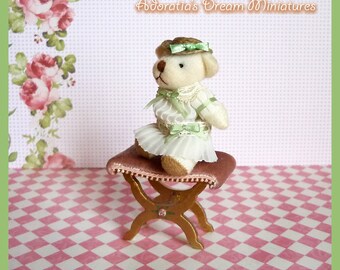 Dollhouse toy teddy bear 1/12 scale. Shabby/Victorian miniature teddy bear with handmade dress and hat. Nursery dollhouse lovely toy.