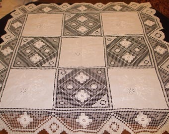 SALE! Antique Beautiful french tablecloth/Vintage Handmade Filet Lace and Cutting Embroidered