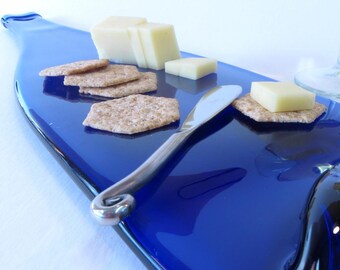 Really Tall and Fantastic Cobalt Blue Melted Bottle Cheese Tray / Something Blue Wedding Gift / Wine and Cheese Bridal Shower Present