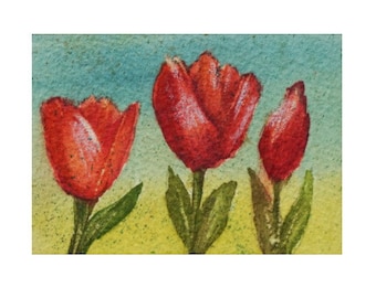 Three Tulips - Hand Painted Aceo Still Life