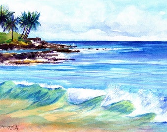 Brennecke's Beach Kauai, 5x7 Art Print, Hawaiian art, seascapes, Hawaii Kauai Paintings, ocean waves, ocean beach paintings, watercolors