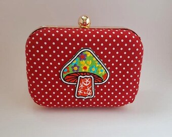 Clutch bag Silver with beautiful red polka dots and bunnies
