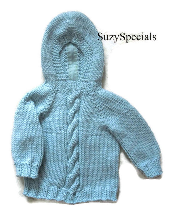 Knitted Hooded Baby Sweater with back Zipper and Cable Pattern