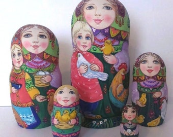 Russian matryoshka doll nesting babushka chickens handmade exclusive