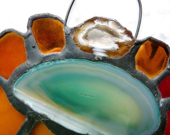 Bold Stained Glass Suncatcher Sunflower with Polished Agate Slice and Spirals