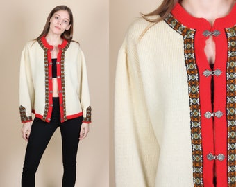 70s Nordic Cardigan - XL // Vintage Metal Hook Knit Sweater