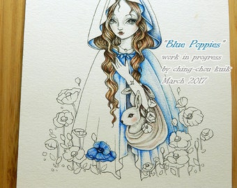 Blue Poppies - Instant Download Digital Stamp / Animal Rabbit Bunny Poppy Flower Fantasy Fairy Girl by Ching-Chou Kuik
