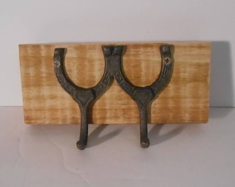 My Exclusive Design~One Only~Hand Forged Good Luck Double Horseshoe Hook on Thick Wood~Coat/Bathrobe/Towel Rack