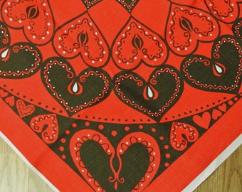 Swedish retro vintage 1960s larger printed cotton design tabelcloth with dark brown heart motives on red bottomcolor