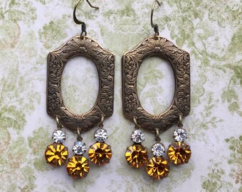 Long Dangle Earrings - Chandelier Earrings - Art Nouveau Earrings - Rhinestone Earrings - Art Nouveau Jewelry - Topaz Earrings