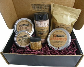 Gusto's "Hot Hot Hot" Barbecue Gift Box w/ Red Savina Habanero, Serrano BBQ Rub, Ghost Pepper Salt and more!