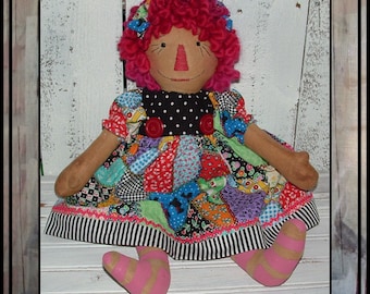 Primitive folk art Patchwork hand embroidered Rag doll wool yarn hair HAFAIR painted legs raggedy girl oFG faap