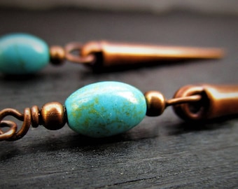 Antiqued Copper Spike and Turquoise Earrings