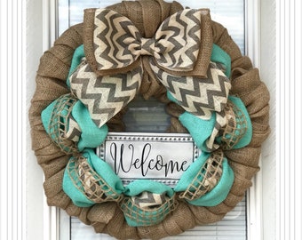 Burlap Wreath. Wreath, Door Wreath, Natural and Gray Chevron Burlap Wreath, Welcome Wreath, Everyday Wreath, Year Round Wreath