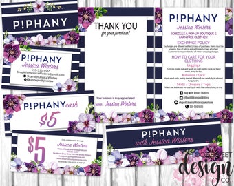 Piphany Marketing Kit, Thank You Care Card Business Card Piphany Cash, Small Business Starter Pack Set, Navy Stripe Purple Floral, PRINTABLE