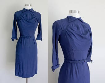 1950s Navy Wiggle Dress | Ruched Dress | Franklin Original | Extra Small