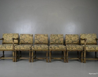 Set 6 17th Century Style Antique Oak Upholstered Dining Chairs