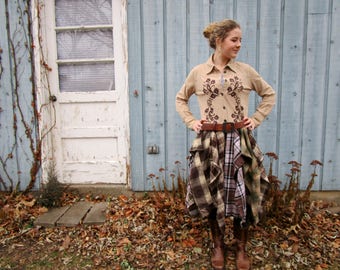 Embroidered Country Western Corduroy Plaid Flannel Shirt Dress// Large// emmevielle
