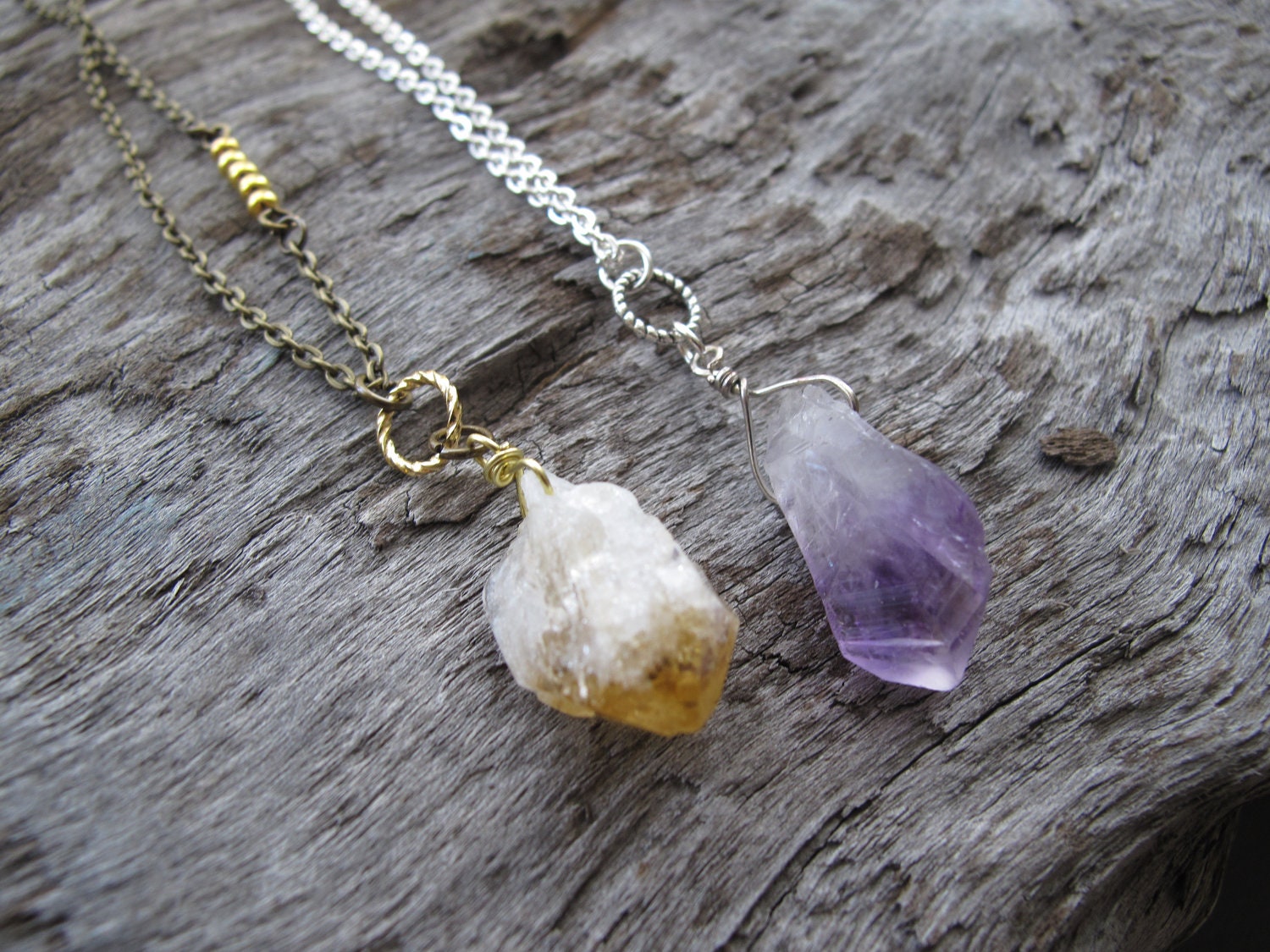 Citrine and Amethyst Quartz Pendant Necklace // Quartz Crystal