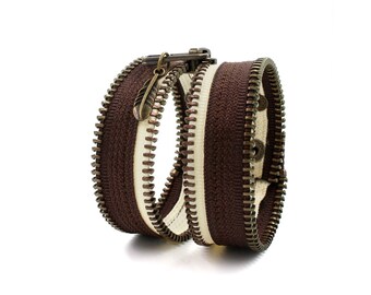 Featherweight Zipper Charm Bracelet in Brown and Cream. Adjustable Size.
