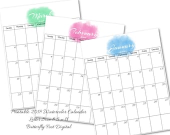 2018 Printable Calendar, Watercolor Calendar, Letter Size, Monthly Planner, Instant Download