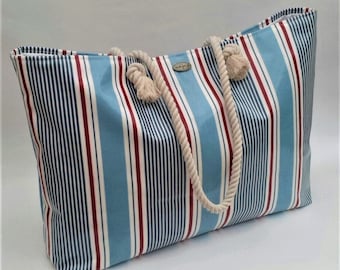 Beach bag (Extra large) in luxury oilcloth nautical stripe, 100% waterproof and wipe clean, Beach bag, Beach tote, Wedding Gift, Oilcloth