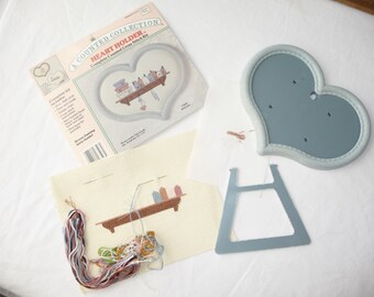 Vintage Counted Cross Stitch, Heart Holder, Plastic Heart Frame, Aida Cloth, Thread, Sewing Kit, Country Cottage, Home Decor, Gift Idea