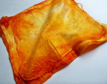 Hand Dyed Silk Fiber Mawata Silk Hankies for Spinning or Knitting -- Psychotic Pumpkin (10grams)